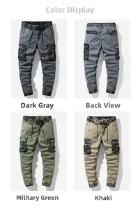 Detail view of multi-pocket cargo pants in dark grey, army green, and khaki colors