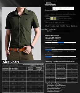 Size guide for men's slim military cotton short sleeve shirt showing measurements M to 4XL