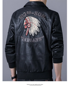 Detailed embroidery of an Indian chief on the back of a black PU leather bomber jacket