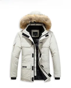 Detail of men's hooded parka with faux fur trim, multiple pockets and windproof cuffs