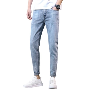 Slim fit light blue men's stretch jeans with a washed effect for a casual summer style