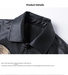 Close-up of black PU leather jacket lapel featuring detailed embroidery and metal zipper