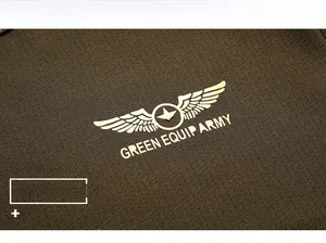 Detail of army green breathable mesh fabric with gold printed military logo and text