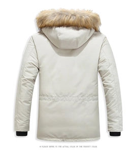 Detail of men's winter parka showing the faux fur hood and windproof ribbed cuffs