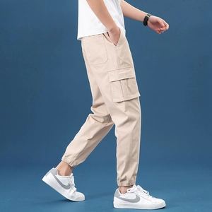 Men's khaki jogger cargo pants with multi-pockets and drawstring waist in street style