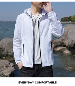 Détail de la veste de protection solaire blanche avec zips noirs pour l'extérieur