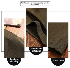 Detail of olive green t-shirt showing breathable mesh fabric and double stitching