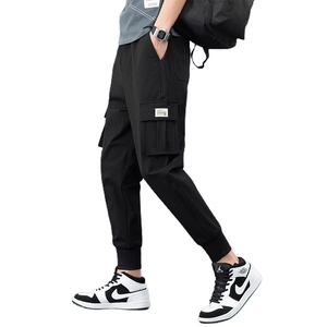 Men's black cargo joggers with multi-pocket design and ribbed cuffs in street style
