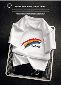 Detailed macro view of 100% cotton white t-shirt neckline with colorful rainbow print
