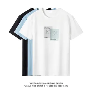 Men Cotton T-Shirt Round Neck Short Sleeve Top Letter Geometry Print Loose Streetwear Casual Summer Tee Unisex Style