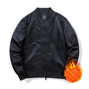 Classic black MA-1 flight jacket with orange quilted lining and windproof shell