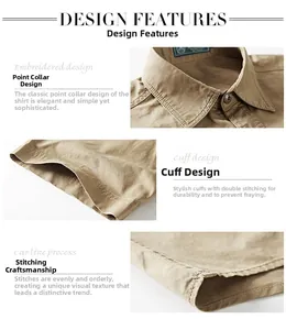 Detail view showing pointed collar, cuff binding, and double stitching on khaki shirt