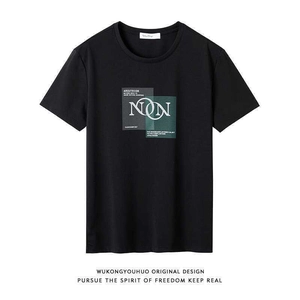Men's black cotton crewneck T-shirt with modern street style graphic print on front
