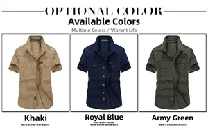 Short sleeve tactical shirts for men in khaki, blue, and army green colors with chest pockets