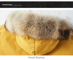 Detail of winter parka featuring a detachable fluffy faux fur trim on the hood