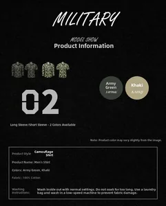 Detail showing 100% cotton camo shirt fabric with washing instructions and care label