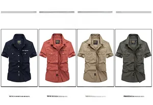 Detail showing tactical short sleeve cotton shirts with double chest pockets and embroidery