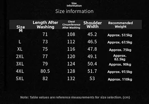 Size chart for men's cotton camo short sleeve shirt with detailed measurements in cm