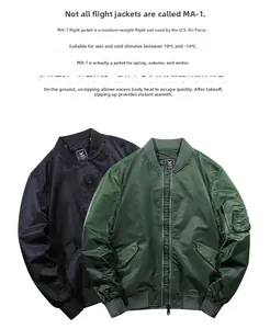 Detail of MA-1 flight jackets in black and green with utility pockets and ribbed cuffs