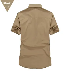 Detailed back view of khaki short-sleeved casual shirt showing shoulder seam stitching