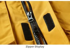 Detail of high-density windproof fabric with double-way black zipper and velcro closure