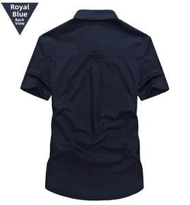 Men's royal blue cotton short sleeve shirt showing the back pleat design details