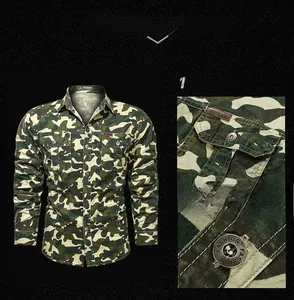 Detailed view of camouflage shirt featuring double chest pockets and engraved buttons