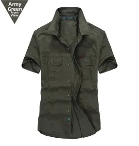 Detailed flat lay of a military green men's short sleeve work shirt with cargo pockets
