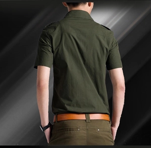 Rear view detail of slim fit military style cotton shirt with epaulettes in olive green