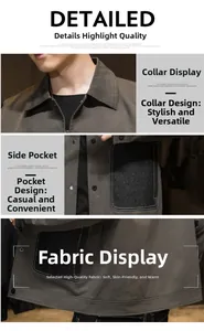 Detailed views of collar, utility pocket, and hem of men's casual khaki work jacket
