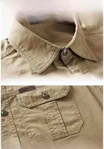 Detail of khaki cotton work shirt showing classic collar, metal buttons and flap pocket