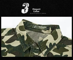 Detail of classic camouflage cotton shirt collar with metal buttons and outdoor label