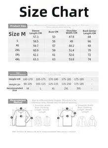 Detailed size guide for men's denim jacket with measurements and body weight recommendations