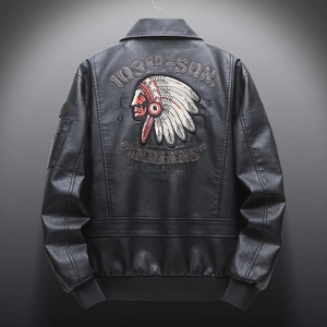 Men's black faux leather bomber jacket featuring vintage Indian embroidery on the back