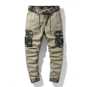 Mens khaki cargo pants with camo patchwork details and elastic drawstring cuffs