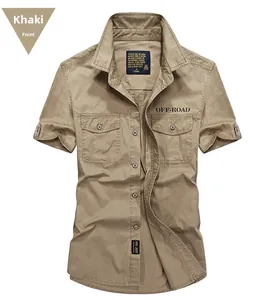 Close-up of khaki cotton work shirt featuring double chest pockets and OFF-ROAD embroidery