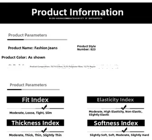 Composition détaillée du tissu et spécifications pour le jean en denim modèle 823