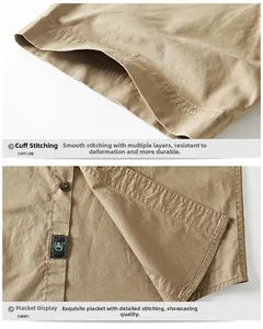 Detail view of khaki short sleeve shirt with reinforced stitching and black buttons