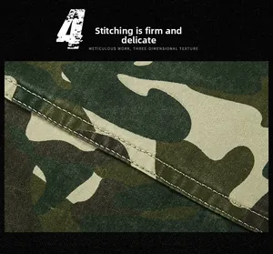 Detail of camouflage shirt fabric showing meticulous stitching and durable reinforced seams