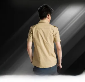 Back view of khaki military style cotton short sleeve shirt with shoulder epaulettes