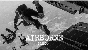 Artistic monochrome macro of paratroopers jumping with Airborne Cargo text style