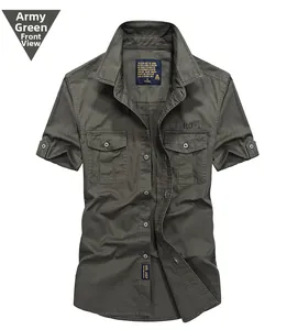 Detail of army green cotton work shirt with double flap pockets and OFF ROAD embroidery