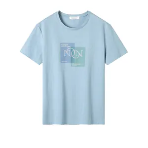 Light blue cotton t-shirt with geometric print and round neck for a casual summer look