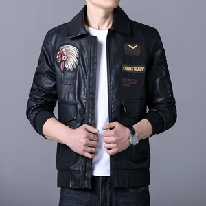 Men's black PU leather biker jacket with vintage embroidery and combat ready patches