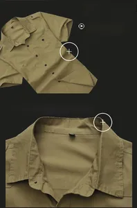 Detail of khaki military style men's short sleeve shirt made of 100% Egyptian cotton