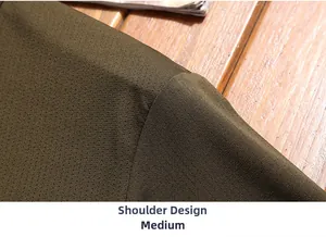 Detail view of the breathable mesh shoulder design on an olive green casual cotton T-shirt