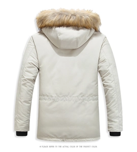 Men's hooded parka jacket in beige with fluffy faux fur collar and drawstring waist
