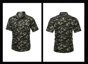 Front and back view of men's camouflage short sleeve cotton shirt with dual chest pockets