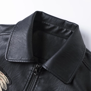 Men's casual black PU leather jacket with embroidery and classic lapel collar