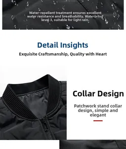 Detailansicht der schwarzen Herren-Daunenjacke mit wasserfestem Stoff und Stehkragen-Design
